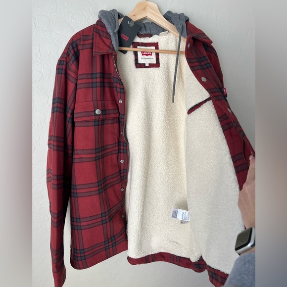 Levi's Francico Sherpa Flannel hooded shirt jacket red NEW large - Picture 9 of 15